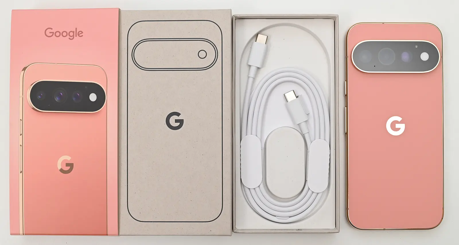 Pixel 11 Proの同梱物一覧
箱の中身一式(本体・ケーブル・SIMツール・説明書)を並べた写真