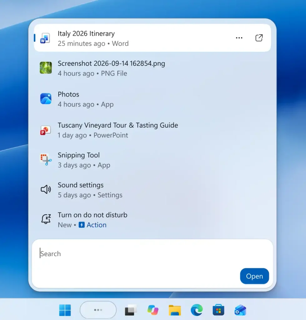新しいWindows Search体験のスクリーンショット