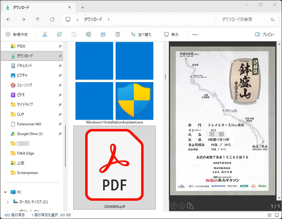 Windows 11のエクスプローラーでダウンロードしたファイルをプレビューウィンドウに表示した様子
