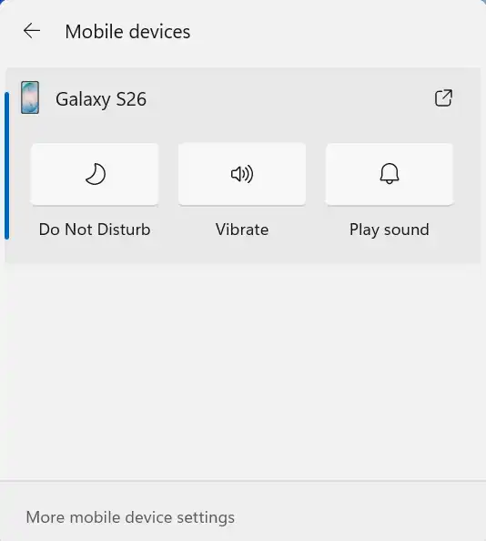 クイック設定の「Mobile devices」から接続中のAndroidスマホを操作する画面 キャプション:Androidスマホならおやすみモードや着信音モードを操作できる