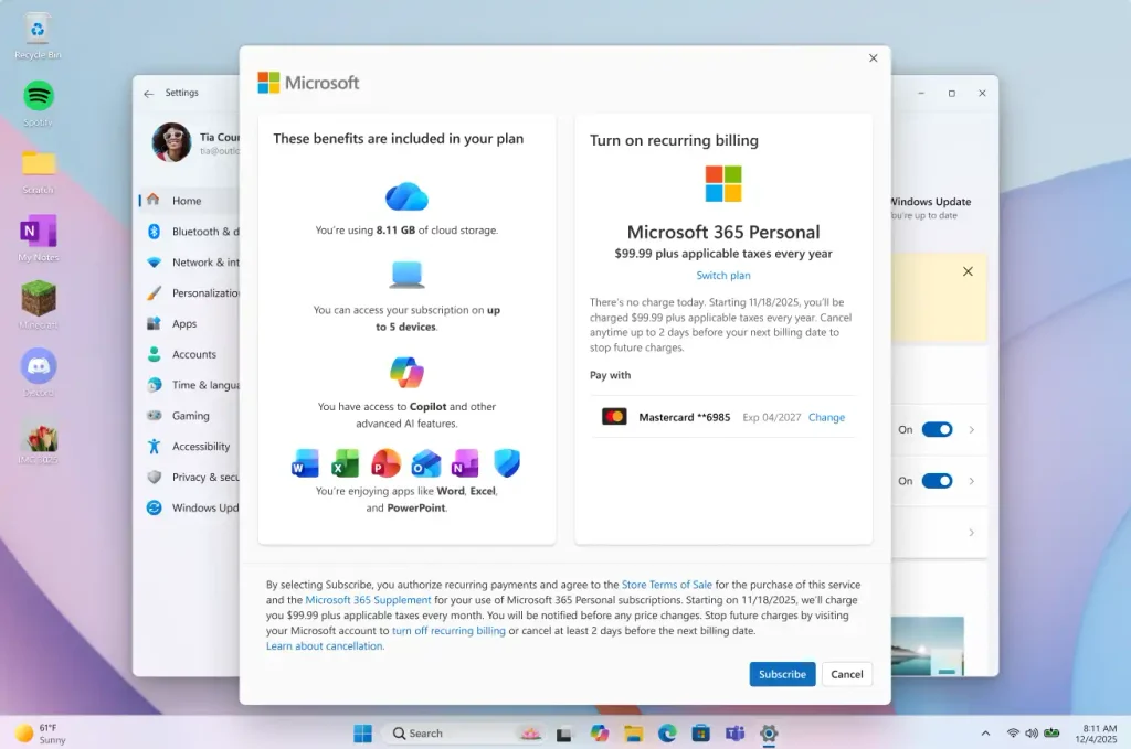 Windowsの設定画面でMicrosoft 365の定期請求をオンにする画面 キャプション:Microsoft 365の定期請求をWindowsの設定から再開できる(画像:Microsoft)