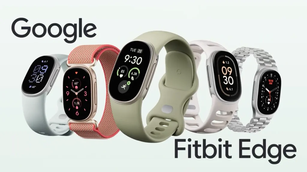 正面を向いたスリムなデザインのGoogle Fitbit Edge本体。洗練されたシリコンバンドと明るい有機ELディスプレイが表示されています。
